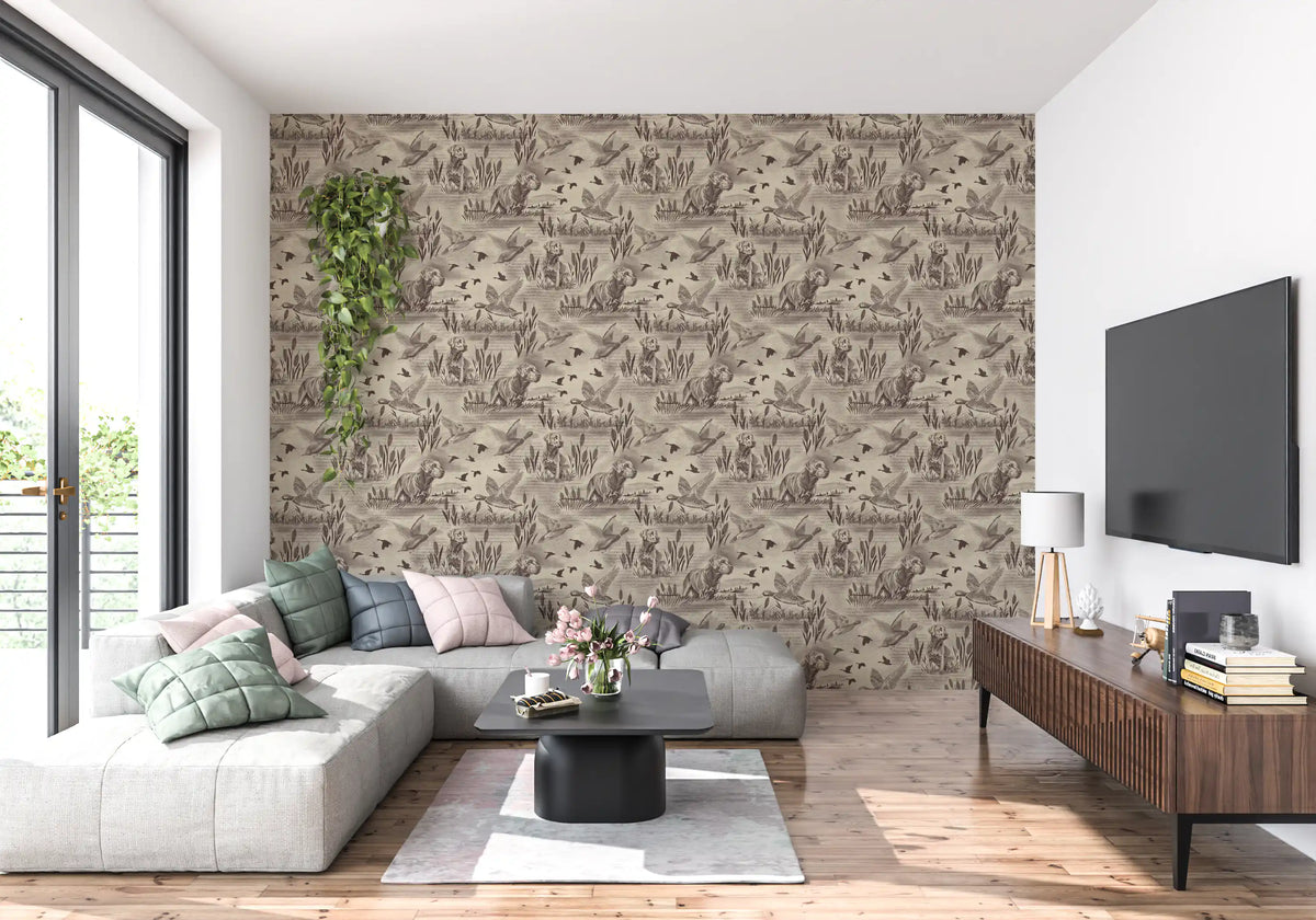 Wildlife toile wallpaper behind a grey sectional and TV console in a bright living room GD12742