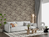 Wildlife toile wallpaper behind a light grey sofa on a patterned area rug GD12742