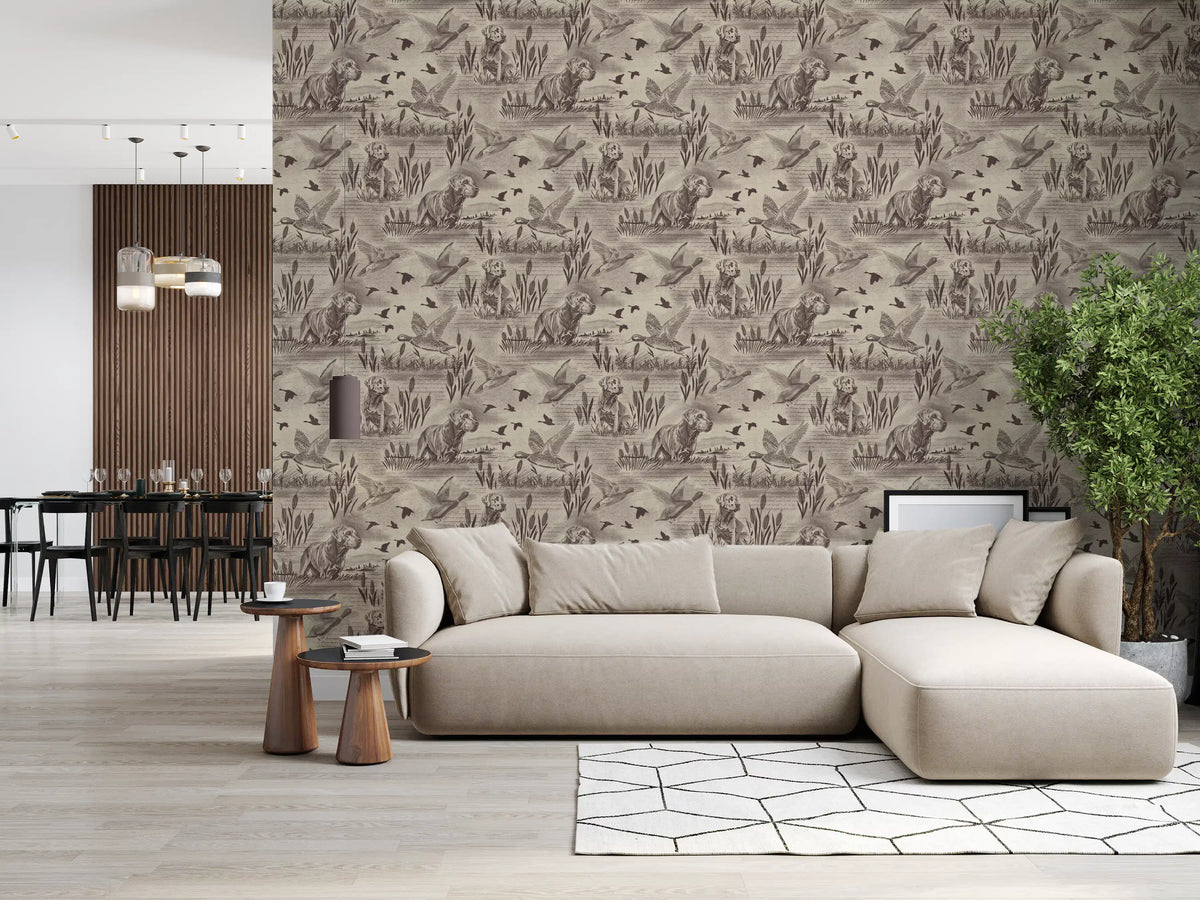Etched meadow and retriever wallpaper by a beige sofa and geometric rug GD12742