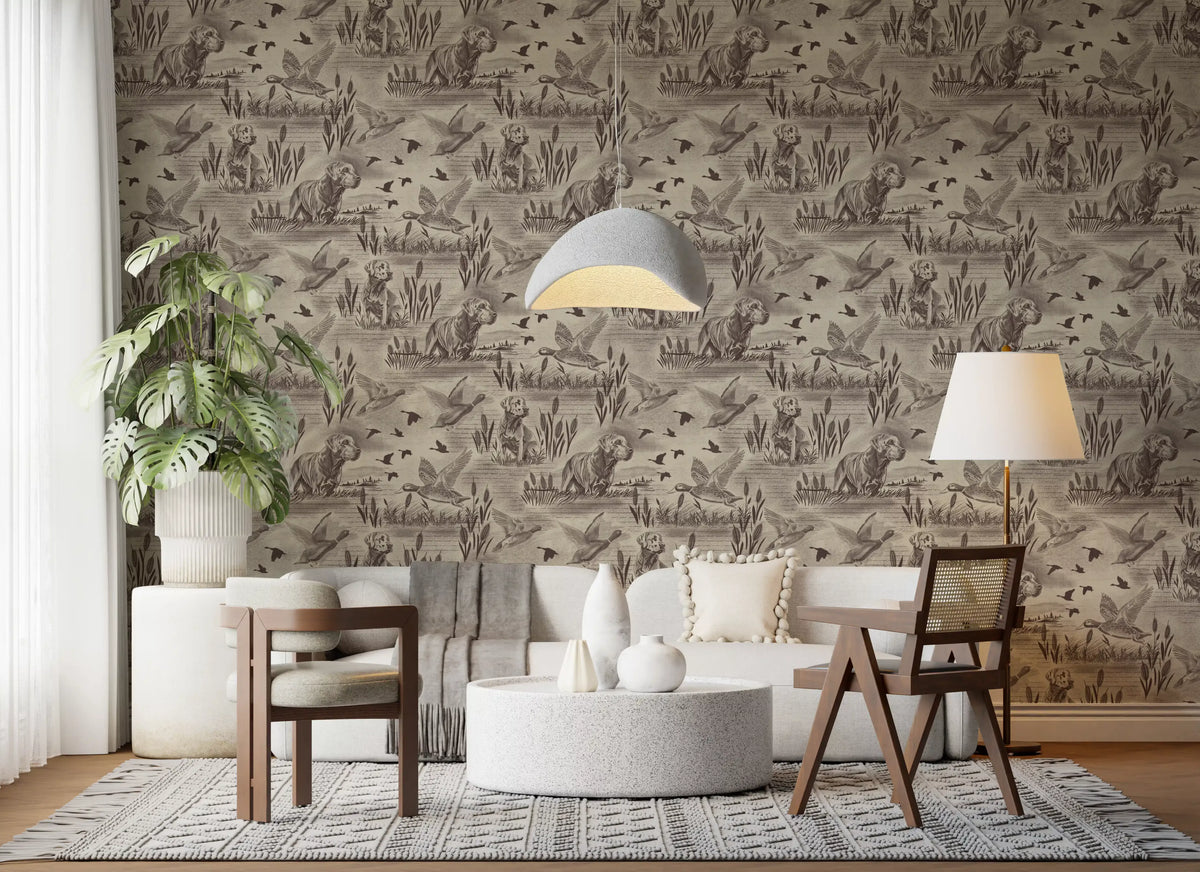 Etched meadow wallpaper in a dining nook with wood chairs and a pendant lamp GD12742