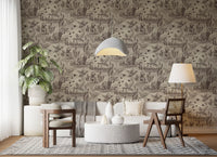 Etched meadow wallpaper in a dining nook with wood chairs and a pendant lamp GD12742