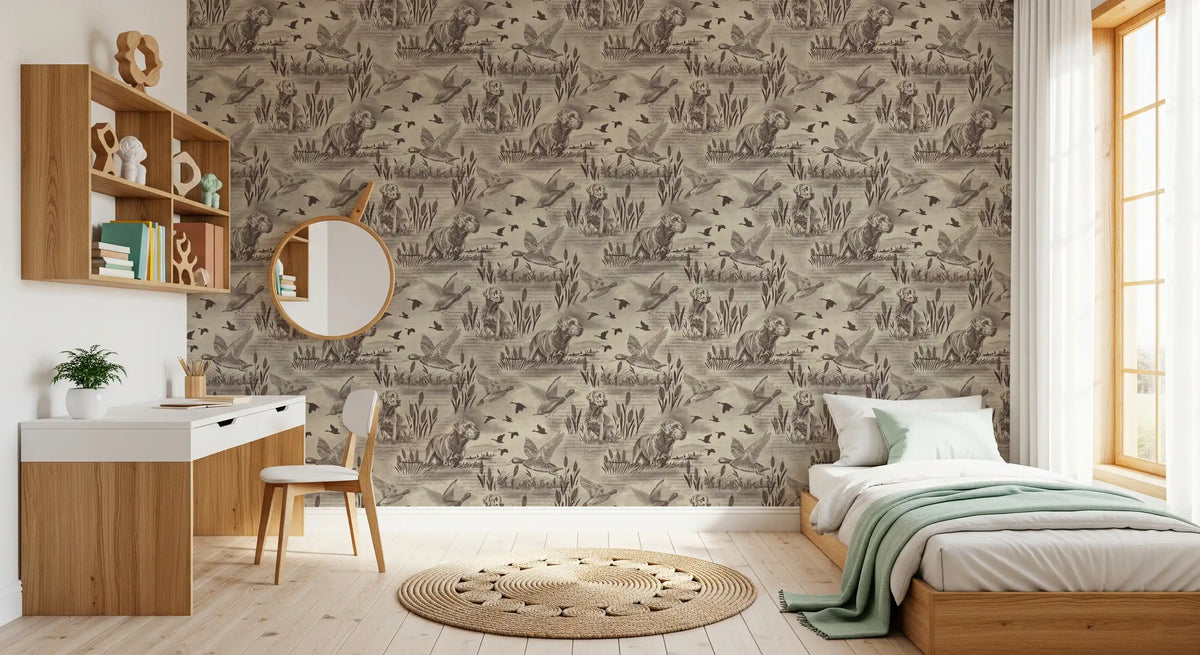 Etched wildlife wallpaper in a bedroom nook with a wood desk and single bed GD12742