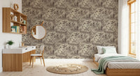 Etched wildlife wallpaper in a bedroom nook with a wood desk and single bed GD12742