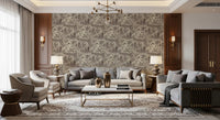 Wildlife toile wallpaper in a formal living room with grey sofas and a classic rug GD12742