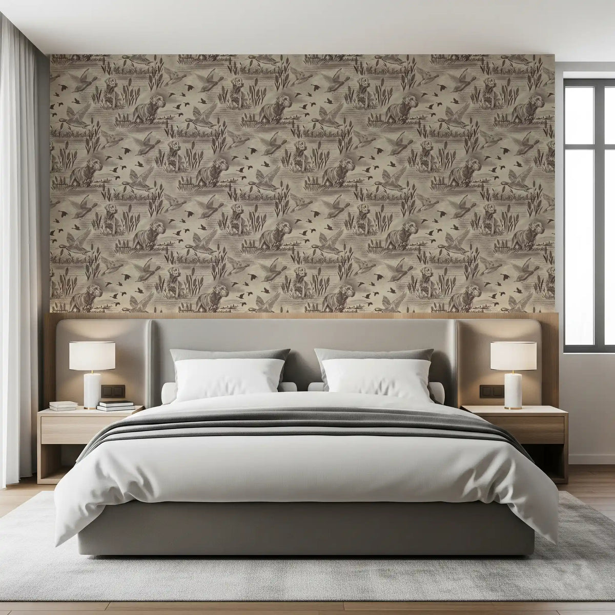 Etched wildlife wallpaper framing an upholstered bed with grey bedding GD12742