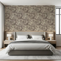 Etched wildlife wallpaper framing an upholstered bed with grey bedding GD12742