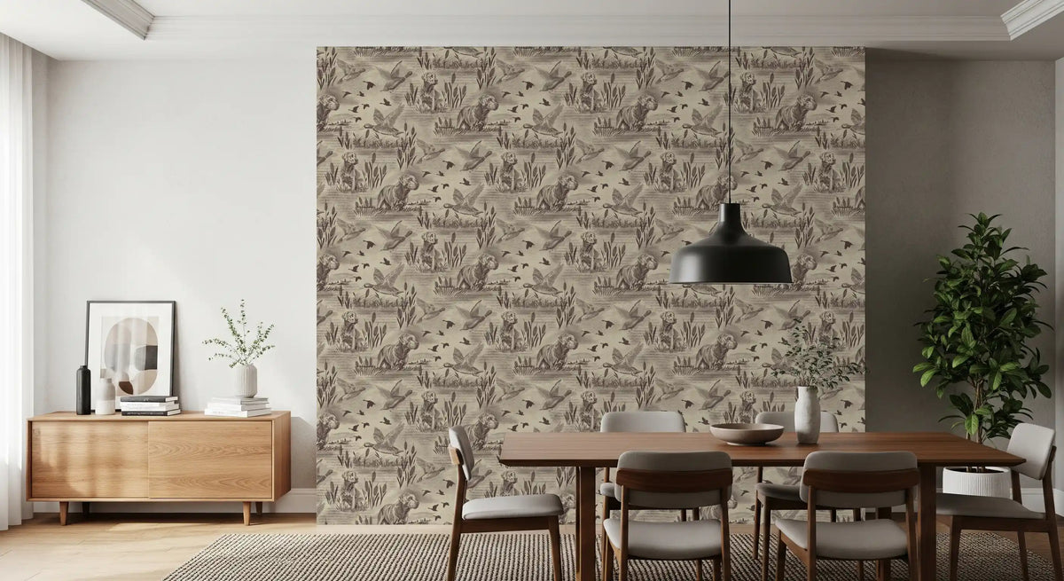 Meadow and retriever toile wallpaper in a dining room with a wood sideboard GD12742