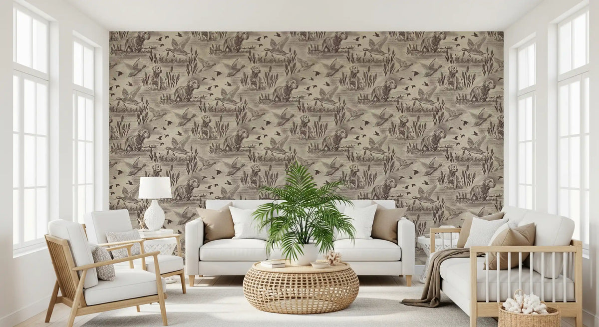 Wildlife toile wallpaper in a living room with a cream sofa and rattan basket GD12742