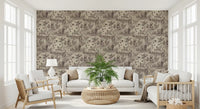 Wildlife toile wallpaper in a living room with a cream sofa and rattan basket GD12742