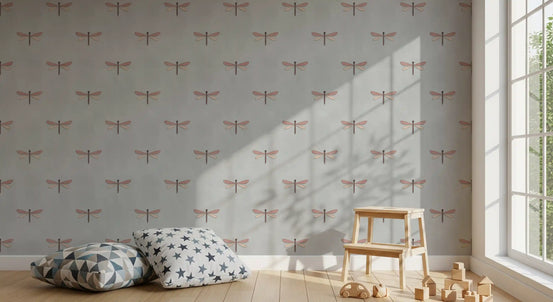 Dragonfly wallpaper in a kids room with star floor cushions and wooden toys GD12743