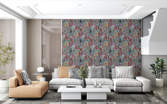 Wildflower wallpaper on a blue wall behind a tan and cream living room sofa GD12744