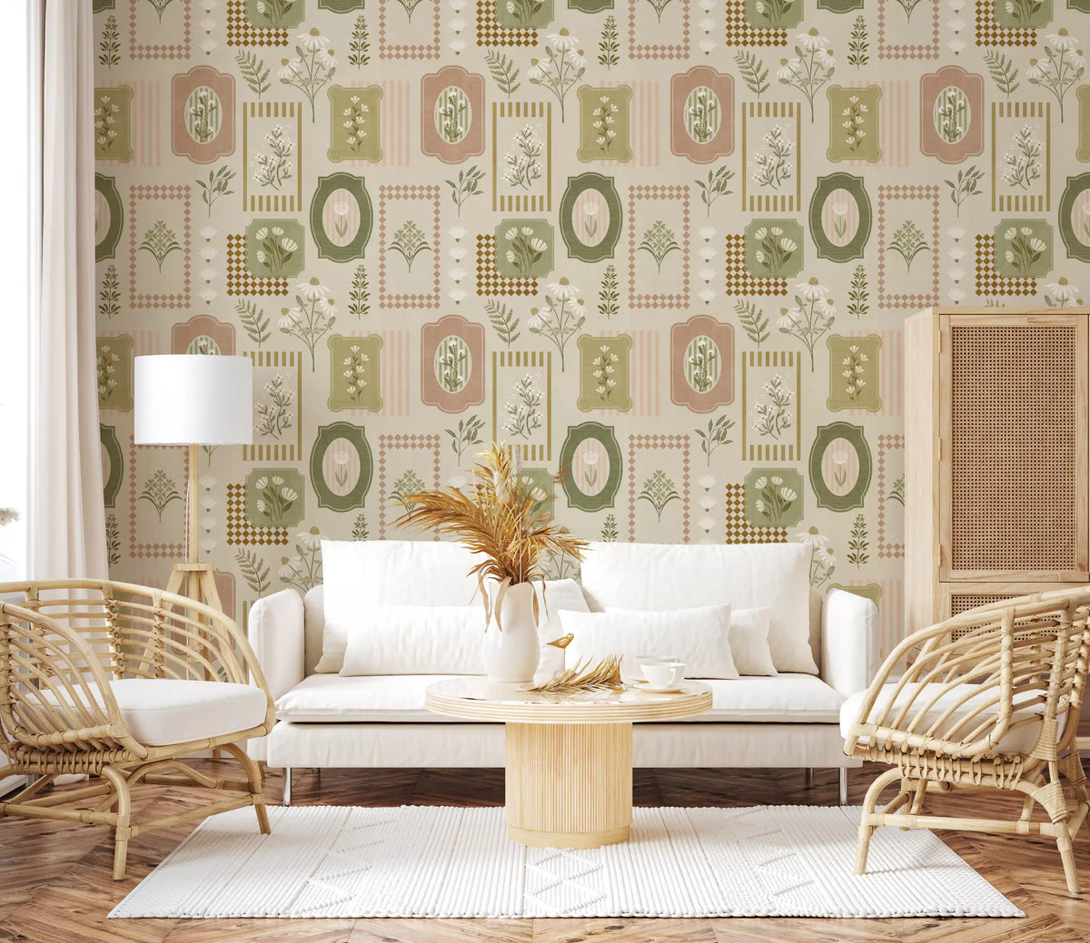 Garden collage wallpaper behind a white sofa and rattan chairs in a living room GD12745
