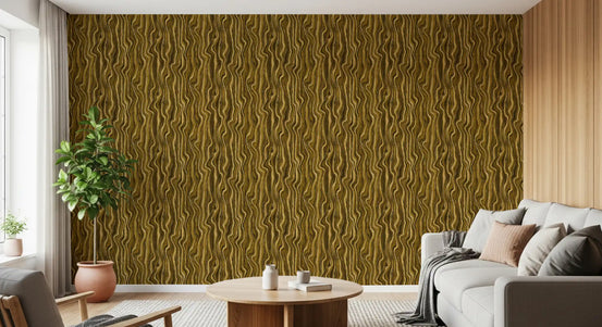 Ochre wood grain waves wallpaper behind a cream sofa and round wood table in a bright living room GD12747