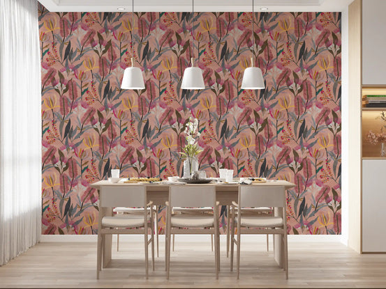 Australian native bloom botanical wallpaper in a dining area with pale wood table and chairs GD12748