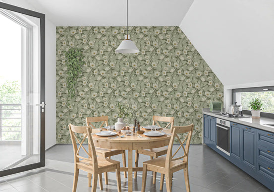 Cottage Chique sage wallpaper in a dining nook with round wood table and blue cabinets GD12749