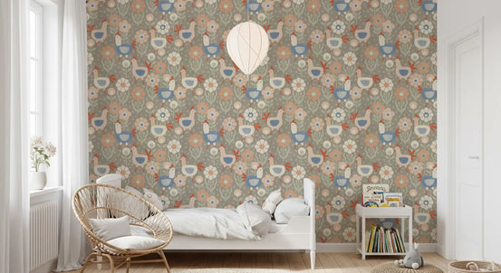 Oo Happy Day wallpaper in a kids bedroom with rattan hanging chair and white bed GD12750