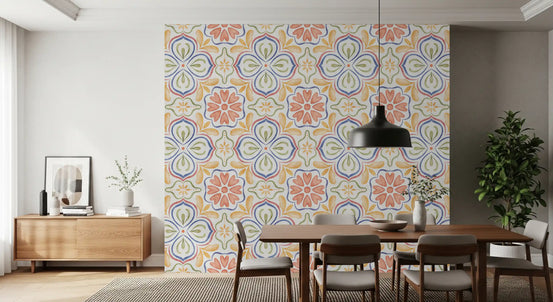 Mediterranean Sunshine wallpaper in a dining room with wood table and sideboard GD12751