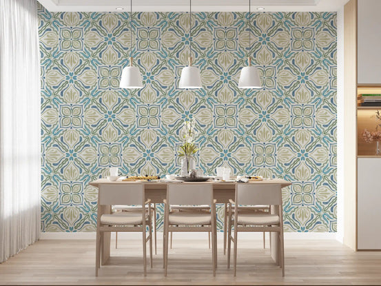 Fluid Azure Flora wallpaper in a dining room with pale wood table and pendant lights GD12752
