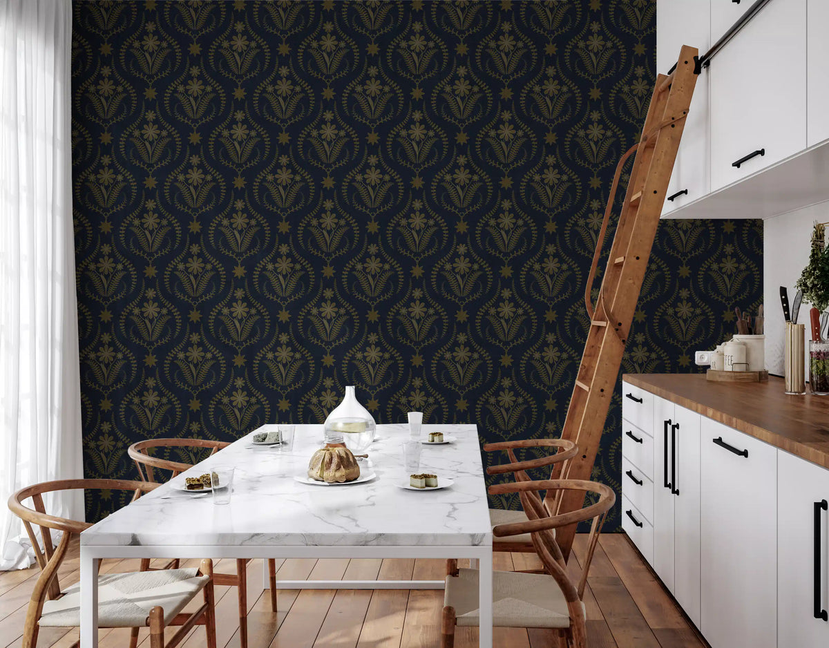 Midnight floral damask wallpaper in a dining room with a marble table and wishbone chairs GD12754
