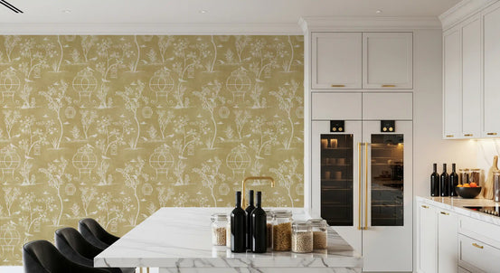 Chinoiserie garden birdcage wallpaper in a kitchen with a marble island and black stools GD12755