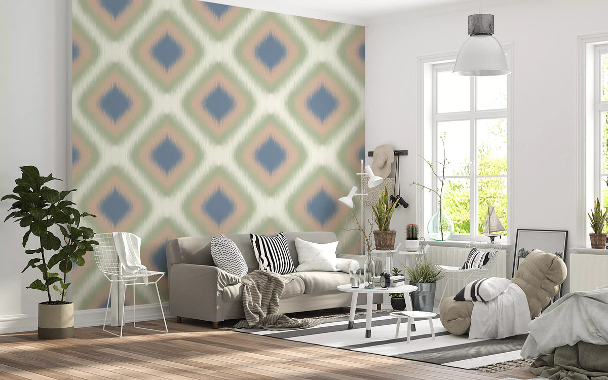 Heritage ikat diamond wallpaper in a living room with a grey sofa and leafy plants GD12756