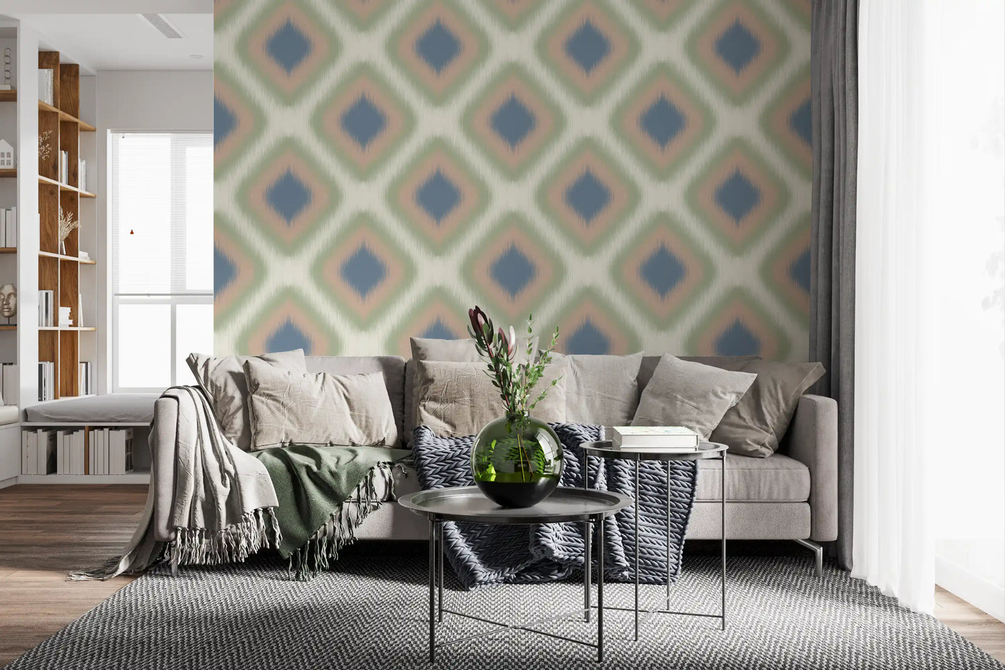 Heritage Ikat - Denim Blue and Blush Pink Grandmillennial Diamonds Wallpaper⁠