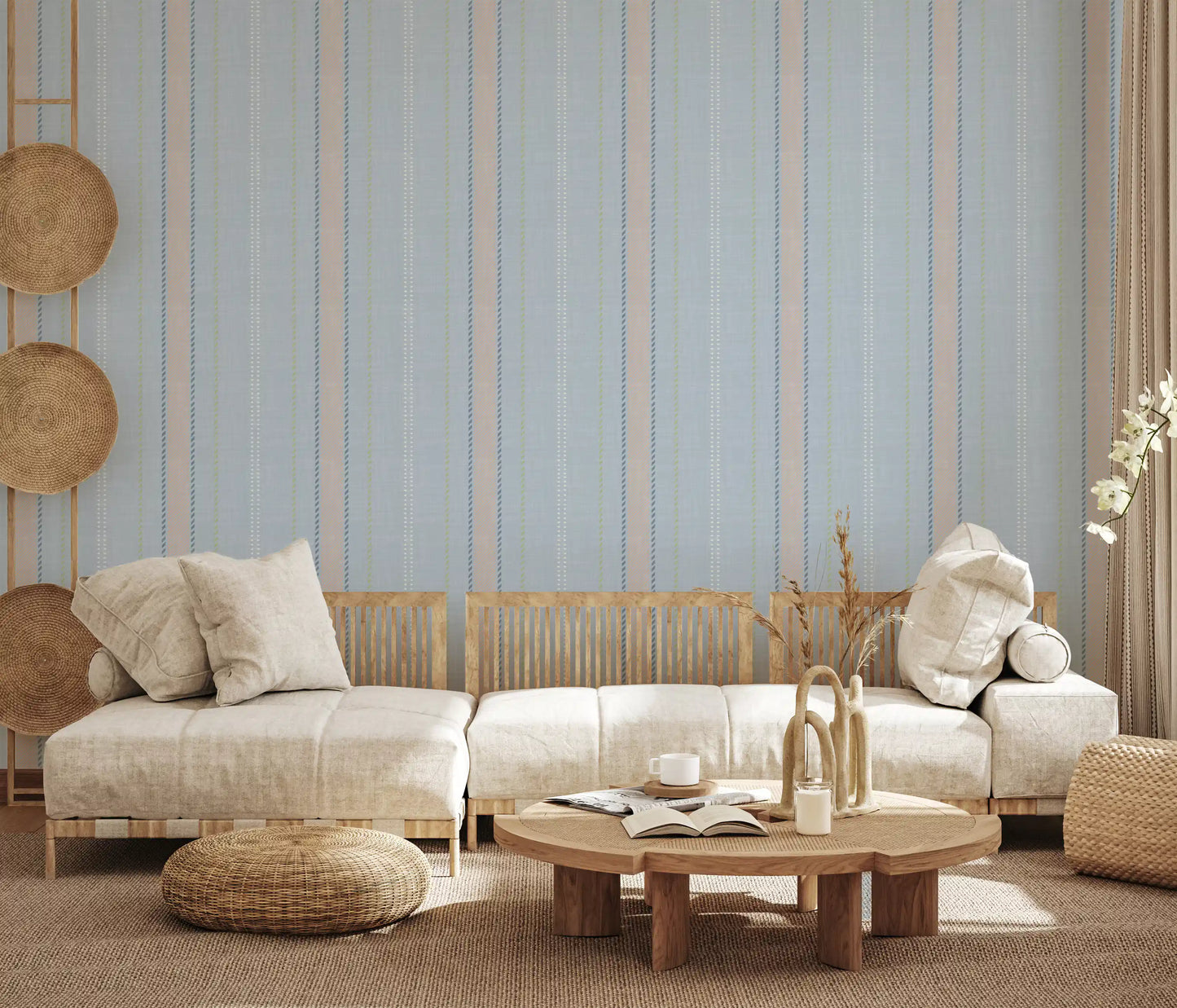 Heritager Ticking Stripes - Vintage French Blue & Blush Pink Linen Texture Wallpaper⁠