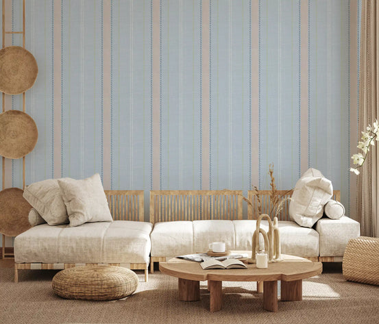 Heritage ticking stripe wallpaper in a living room with a cream daybed and wood coffee table GD12757