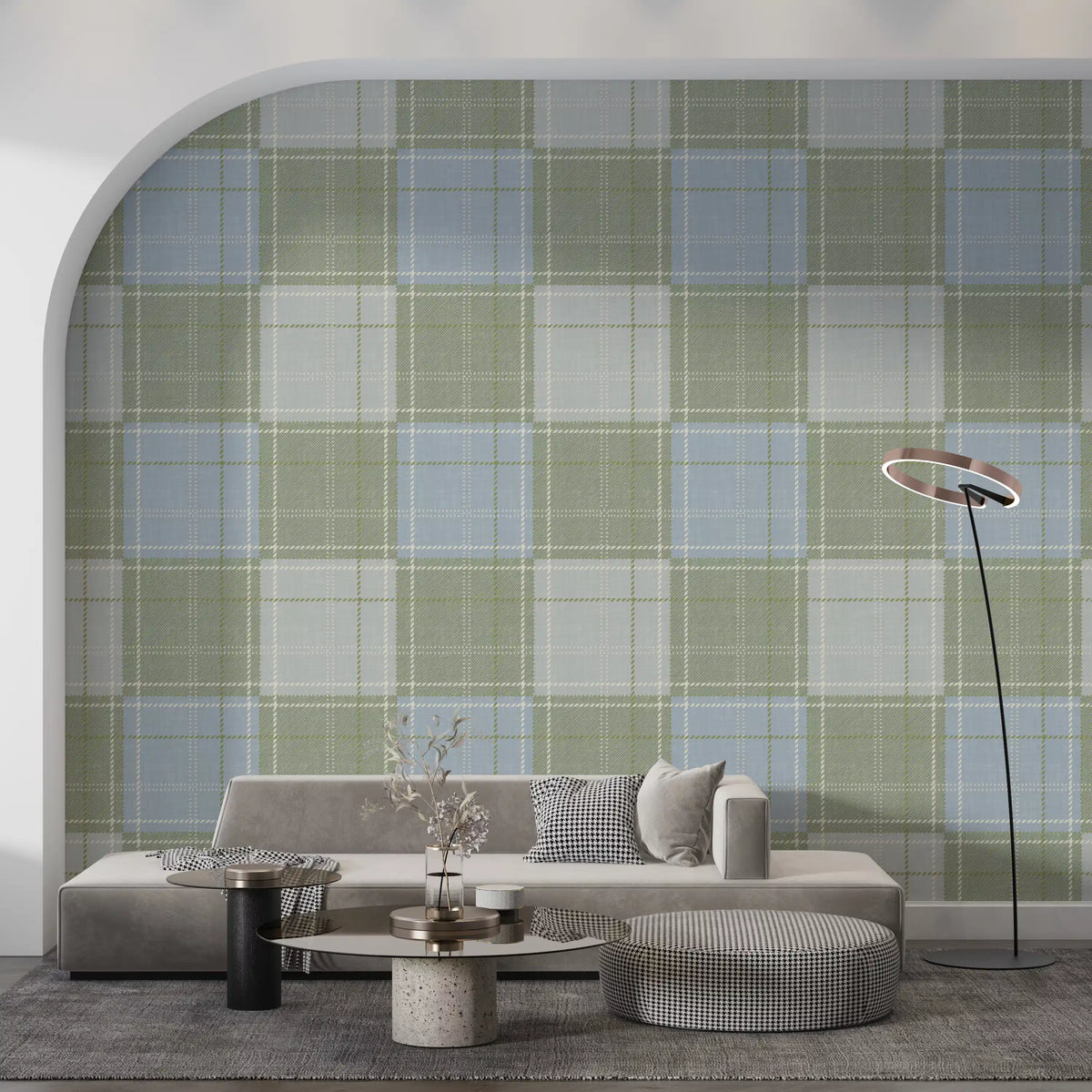 Heritage plaid wallpaper in a living room with a grey sofa in an arched alcove GD12758