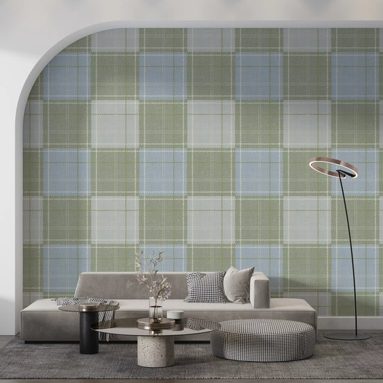Heritage Plaid - Tartan Checkerboard Block Linen - Meadow Green & Blue Wallpaper⁠