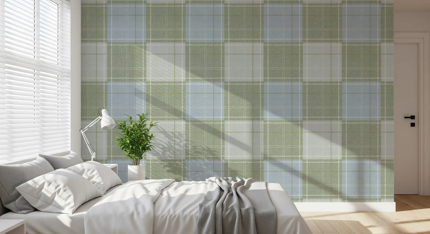 Heritage Plaid - Tartan Checkerboard Block Linen - Meadow Green & Blue Wallpaper⁠
