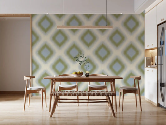 Sage green and blue ikat diamond wallpaper in a dining room with wooden table and woven chairs GD12759