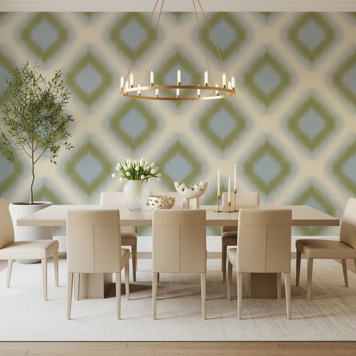 Heritage Ikat - Sage Green and French Blue Grandmillennial Diamonds Wallpaper⁠