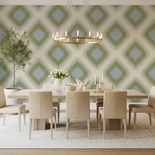 Grandmillennial ikat diamond wallpaper behind a cream dining set with a brass ring chandelier GD12759