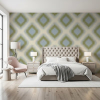 Heritage Ikat - Sage Green and French Blue Grandmillennial Diamonds Wallpaper⁠