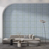 Heritage Plaid - Windowpane Tartan Check Linen - French Blue & Denim Blue Wallpaper⁠