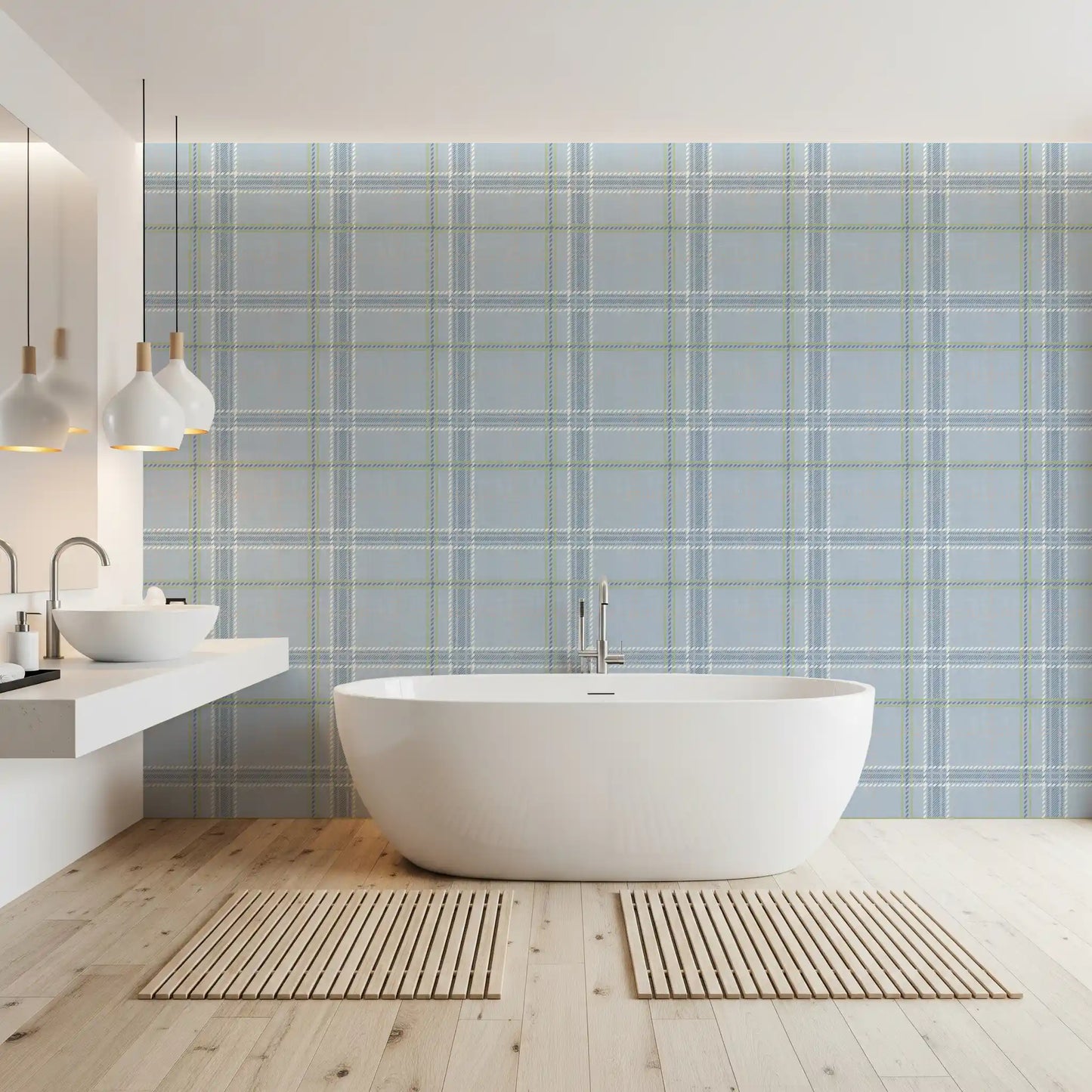 Heritage Plaid - Windowpane Tartan Check Linen - French Blue & Denim Blue Wallpaper⁠