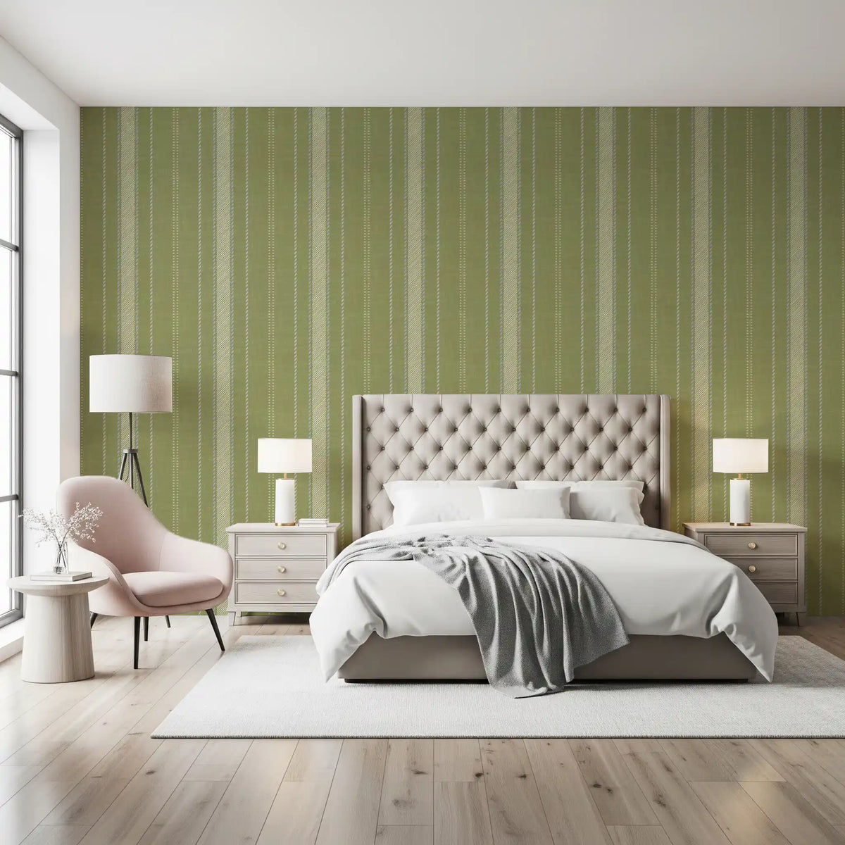 Meadow green striped wallpaper in a bedroom with tufted headboard and pink accent chair GD12761