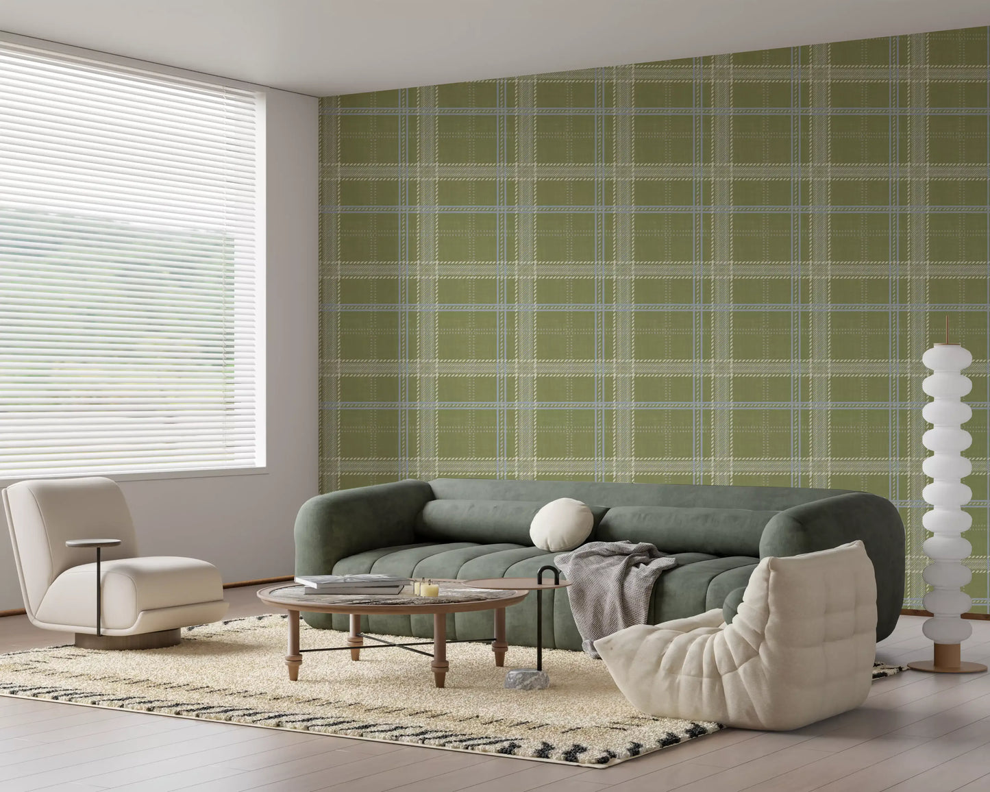 Heritage Plaid - Windowpane Tartan Check Linen - Meadow Green & Chalk Wallpaper⁠