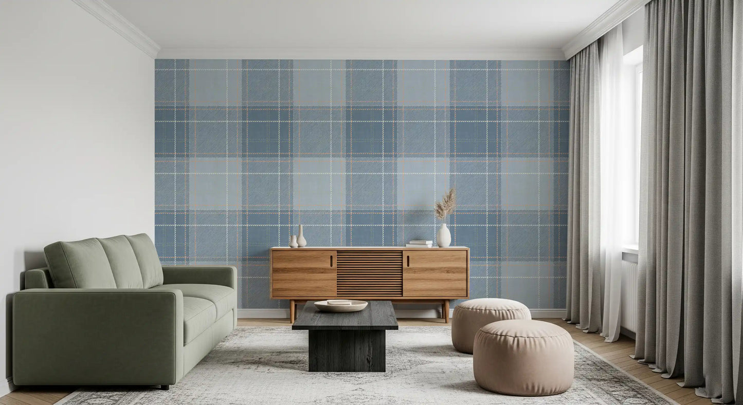 Heritage Plaid - Tartan Checkerboard Block Linen - French & Denim Blue Wallpaper⁠