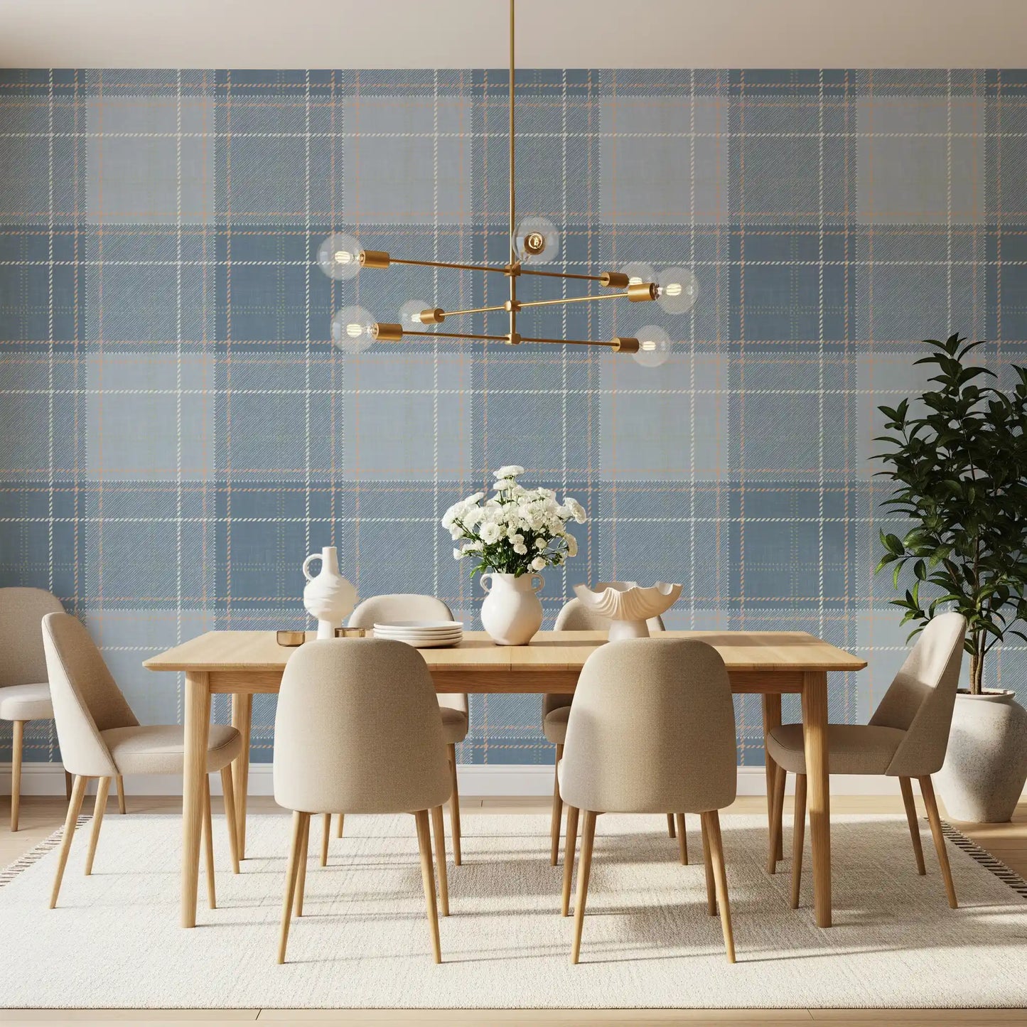 Heritage Plaid - Tartan Checkerboard Block Linen - French & Denim Blue Wallpaper⁠