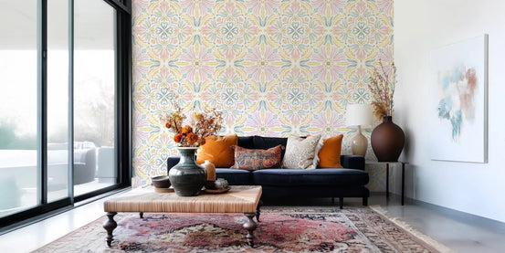 Pastel Mediterranean tile wallpaper in a living room with navy sofa and vintage rug GD12764