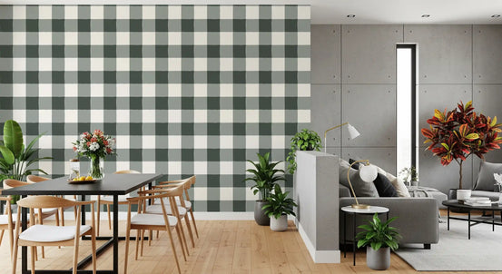 Soft slate checkered grid wallpaper in an open plan dining area with black table and grey sofa GD12765