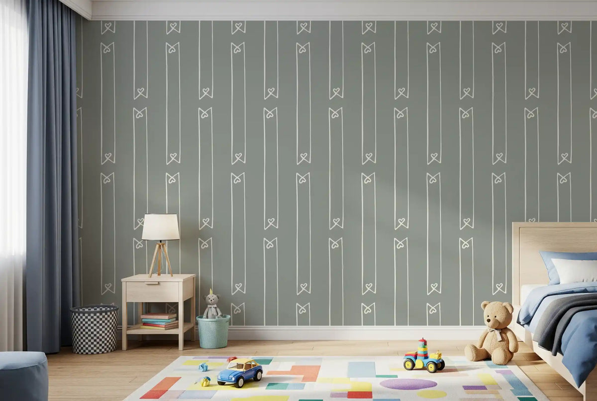 Minimalist heart ribbon stripe wallpaper in a kids bedroom with teddy bear and colourful rug GD12766