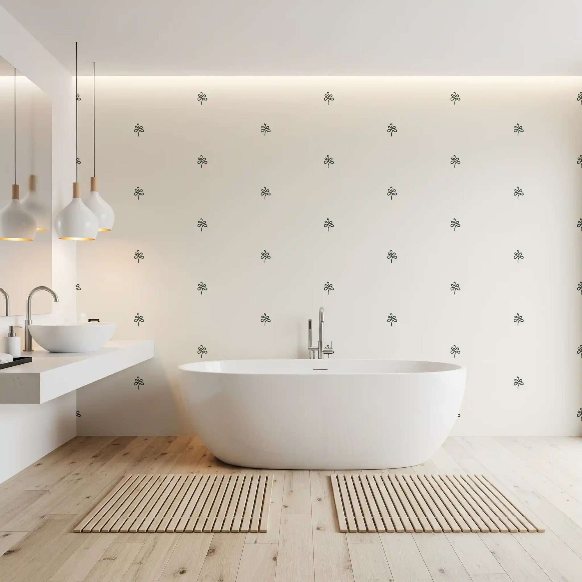 Minimalist hand-drawn flourish pattern wallpaper in a bathroom with freestanding tub GD12767