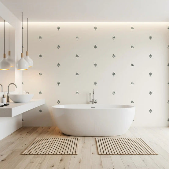 Minimalist hand-drawn flourish pattern wallpaper in a bathroom with freestanding tub GD12767