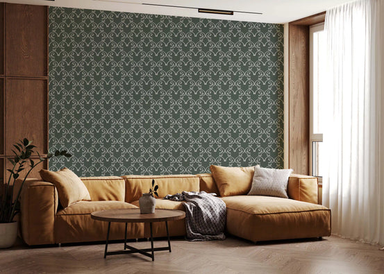 Sage green organic arch pattern wallpaper behind a tan sofa in a modern living room GD12768