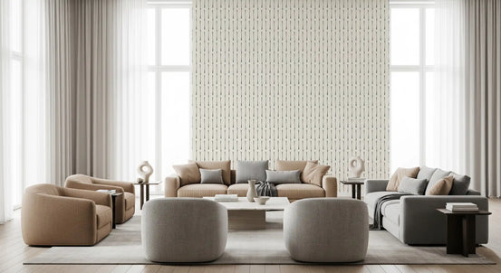 Modern linear spaced strokes pattern wallpaper in a bright living room with beige sofas GD12770