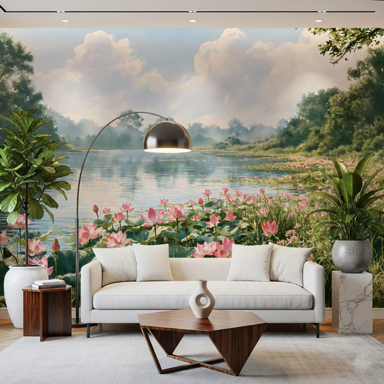 Pink lotus pond landscape wall mural in a living room with cream sofa and floor lamp GD12772