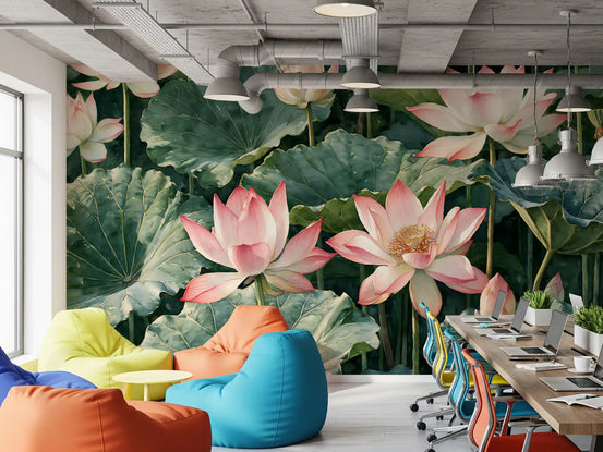 Serene lotus pond botanical wall mural in a lounge with colourful bean bag chairs GD12773